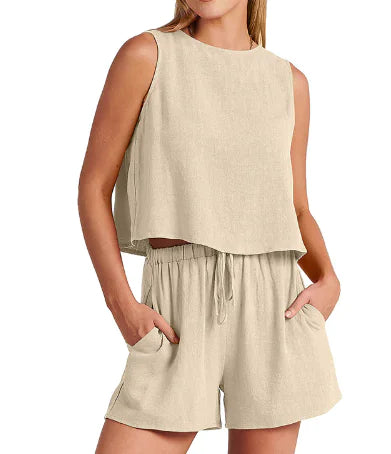 Women's Casual Sleeveless Cotton-Linen Summer Set