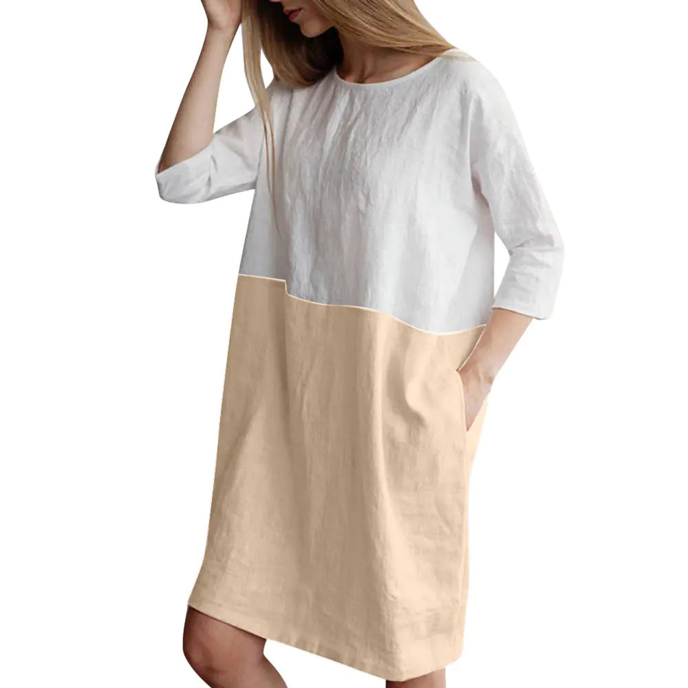 Patchwork Short Sleeve Cotton Linen Dress