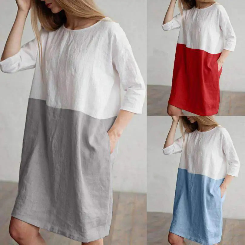 Patchwork Short Sleeve Cotton Linen Dress