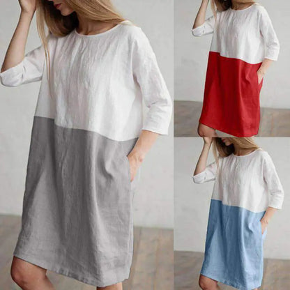 Patchwork Short Sleeve Cotton Linen Dress