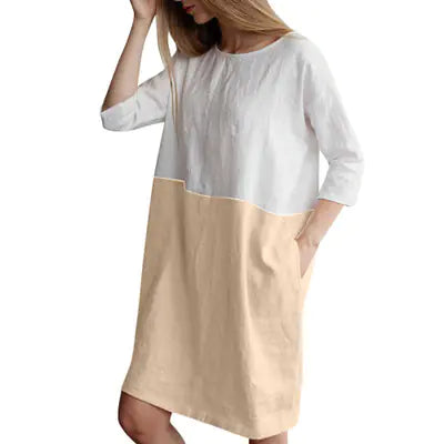 Patchwork Short Sleeve Cotton Linen Dress