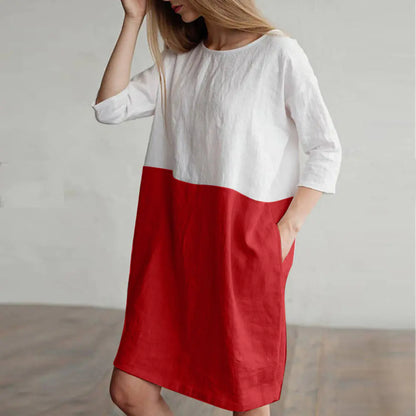 Patchwork Short Sleeve Cotton Linen Dress