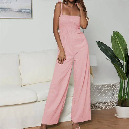 Solid Color Cotton Linen Strapless Jumpsuit
