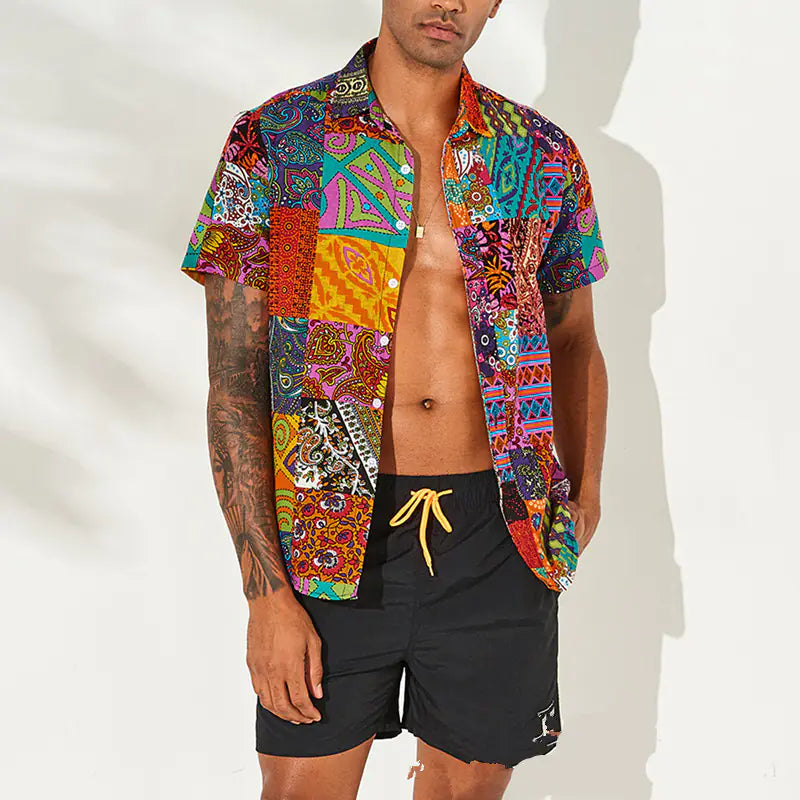 Printed Cotton-Linen Short Sleeve Shirt