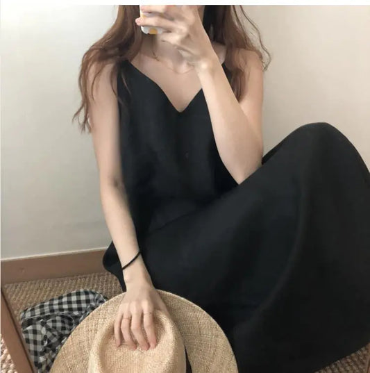 Simple V-Neck Cotton Linen Suspender Dress