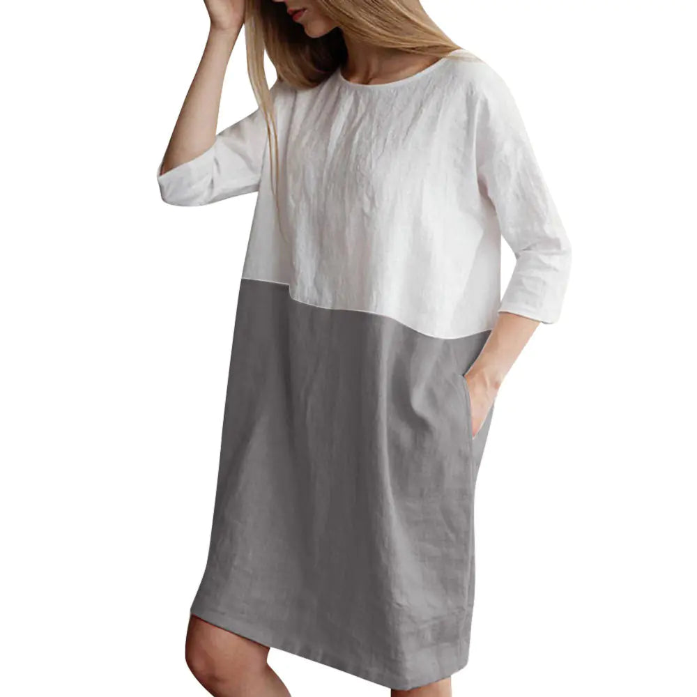 Patchwork Short Sleeve Cotton Linen Dress