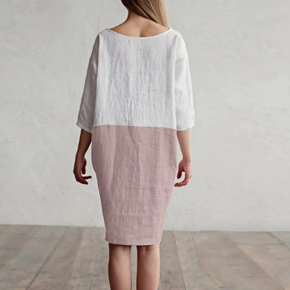 Patchwork Short Sleeve Cotton Linen Dress
