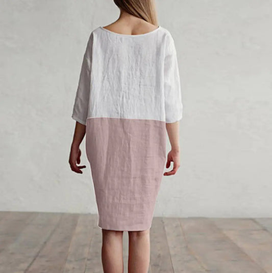 Patchwork Short Sleeve Cotton Linen Dress
