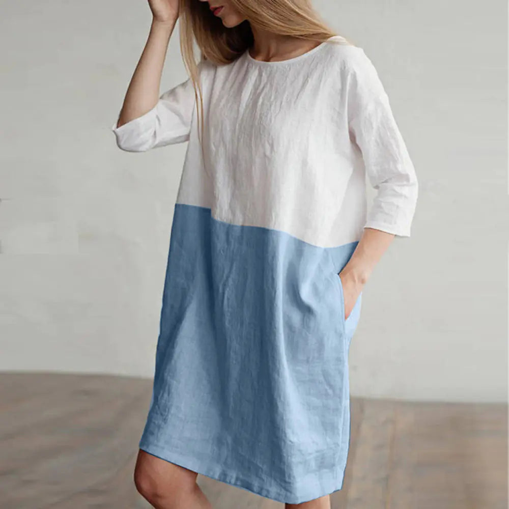 Patchwork Short Sleeve Cotton Linen Dress