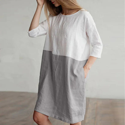 Patchwork Short Sleeve Cotton Linen Dress