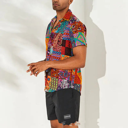 Printed Cotton-Linen Short Sleeve Shirt