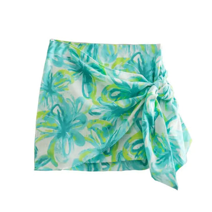 Women's Tropical Print Linen Wrap Mini Skirt