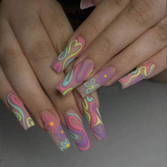 Multi-color Lines Flower Graffiti Nail Art Design