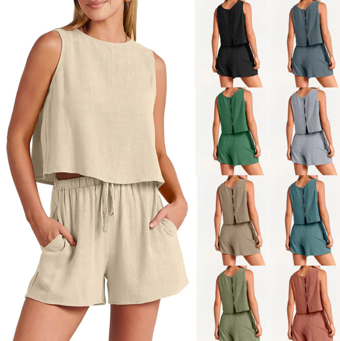 Women's Casual Sleeveless Cotton-Linen Summer Set