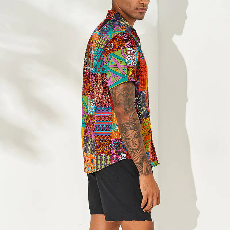 Printed Cotton-Linen Short Sleeve Shirt