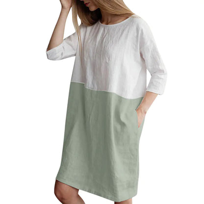 Patchwork Short Sleeve Cotton Linen Dress