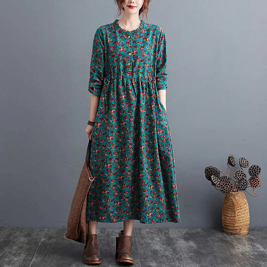 Vintage Floral Cotton Linen Dress