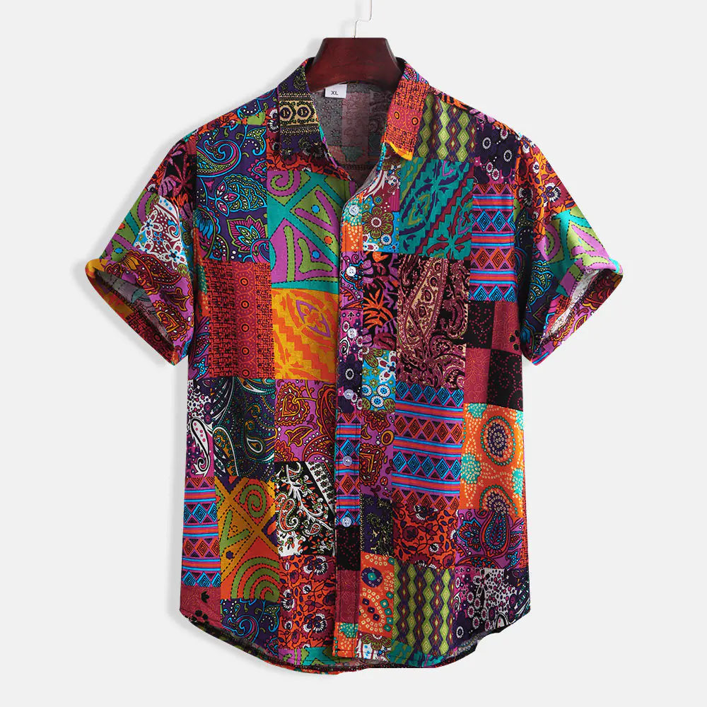 Printed Cotton-Linen Short Sleeve Shirt