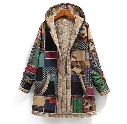 Cotton Linen Printed Hooded Plush Jacket