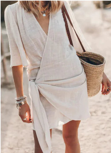 Lightweight Cotton-Linen Blend Wrap Mini Dress