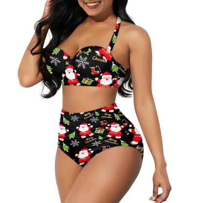 Yewattles Black Christmas Santa Claus Women Sexy Bikini Set Push Up 2 Pieces Halter High Waist Swimsuit Underwire Bathing Suits Sporty Swimwear Hawaiian Beach Road Trip Hot Spring