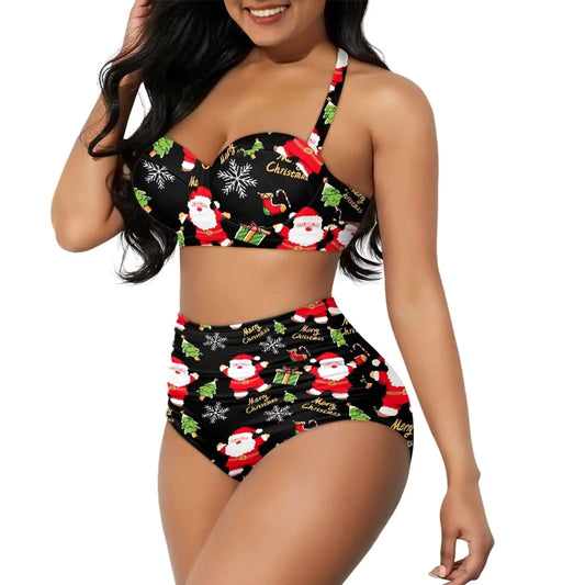 Yewattles Black Christmas Santa Claus Women Sexy Bikini Set Push Up 2 Pieces Halter High Waist Swimsuit Underwire Bathing Suits Sporty Swimwear Hawaiian Beach Road Trip Hot Spring
