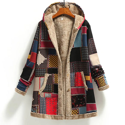 Cotton Linen Printed Hooded Plush Jacket
