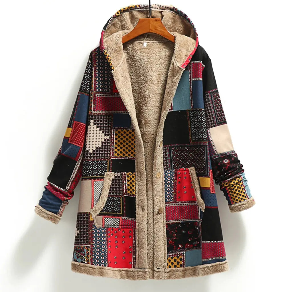 Cotton Linen Printed Hooded Plush Jacket