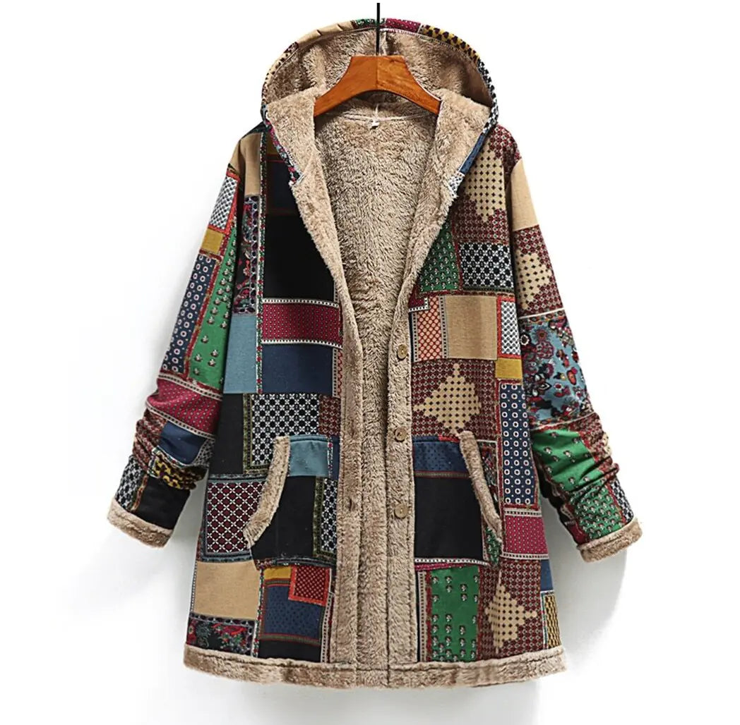 Cotton Linen Printed Hooded Plush Jacket