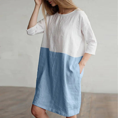 Patchwork Short Sleeve Cotton Linen Dress