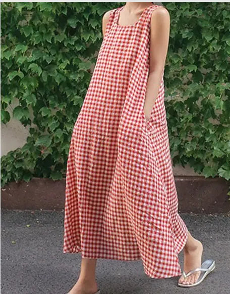 Women's Casual Sleeveless Cotton Linen Plaid Skirt