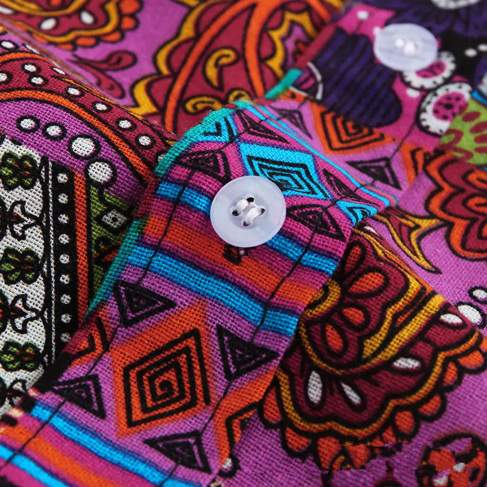 Printed Cotton-Linen Short Sleeve Shirt